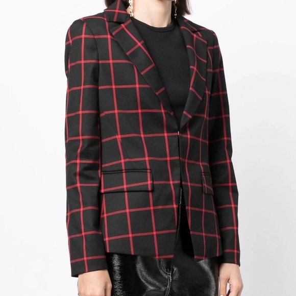 ALICE + OLIVIA 'Mya' Black & Red Grid Print Plaid Blazer SIZE: 0/XS - Picture 2 of 9
